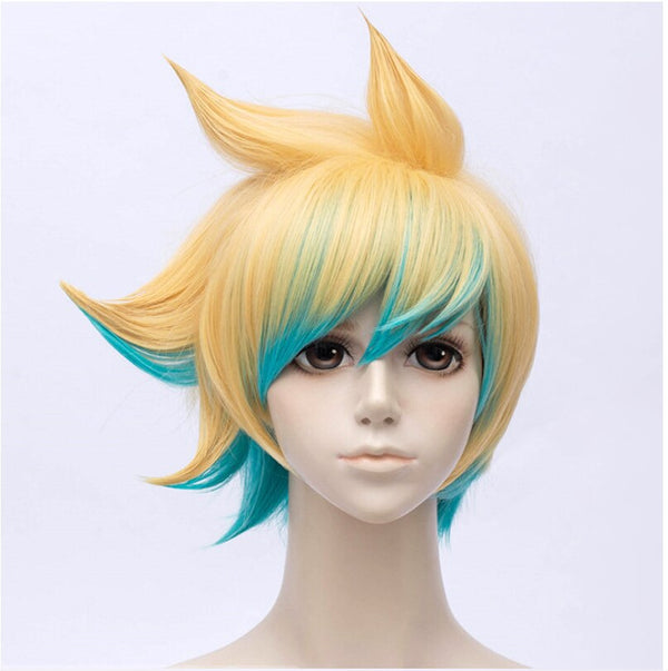 Game LOLs The Prodigalal Explorer Ezrealal Cosplay Wig Short Mixed Colors Gradient Heat Resistant Synthetic Hair Wigs + Wig Cap