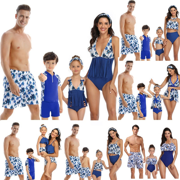 Family Matching Swimwear Mom Daughter Taseel Leaf Blue Bikini Dad Son Bathing Suit Women Men Couples Outfits Girls Boys Swimsuit