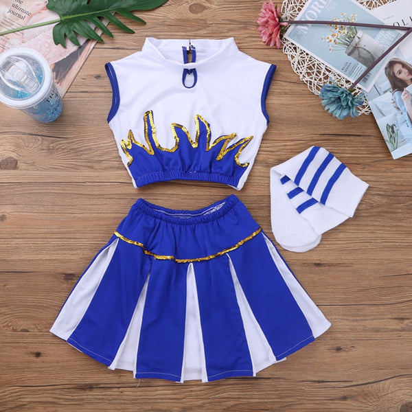 Children Kids Girls Cheerleader Costume School Child Cheer Costume Outfit for Carnival Party Halloween Cosplay Dress Up Clothes