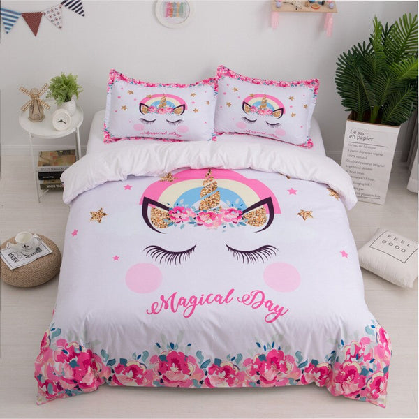 Denisroom Unicorn Bedding Set Girl Duvet Cover Set Queen Comforter Sets Twins Bedcover XY76#