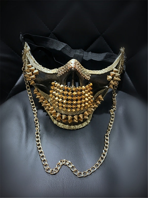 Super übertriebene Schädel-Punk-Niet-Maske für Herren, coole Nachtclub-Tanz-Performance-Maske, Halloween-Maske, Gold-/Silberfarbe, handgefertigt