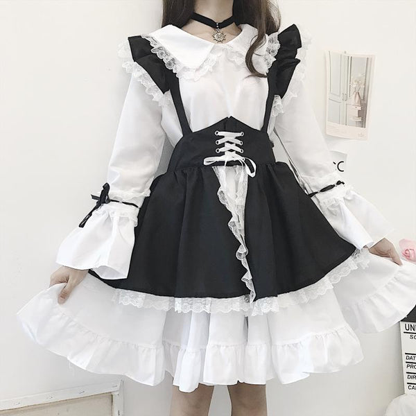 Neues schwarz-weißes Dienstmädchenkostüm im gotischen Stil, Lolita-Kleid, süßes japanisches Kostüm, Westidos de Fiesta de Noc, Partykleid Vestidos