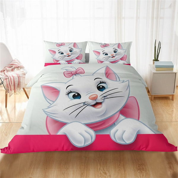 Cartoon Pink Printing Marieie a cat Children/kid Bedding Sets 100% Polyester Duvet Cover  Pillowcase Queen King size bed set