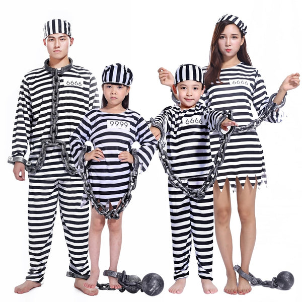 Umorden Carnival Party Halloween Prisoner Costume for Men Women Kids Child Family Violent Prisoner Costumes Fancy Dresses Set