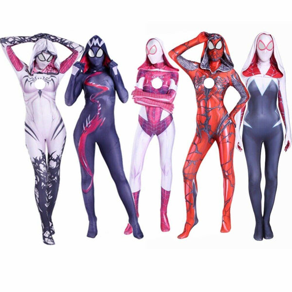 Spiders oh Gwenen Costume Symbiotete Venomom Carnagege Stacycy Cosplay Mask Hoodie Female Spider Zentai Suit Anti-Gwenomom For Women Girl