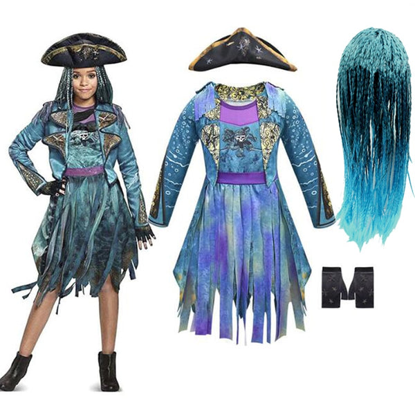 Descendantsts 3 Malal Berthaha Males Ficentnt Curlsls Live Evil Straight Blue Kids Girls Cosplay Cap Dress Halloween Costume For Kids Wig
