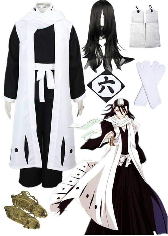 Anime Bleaches Fashionable Kuchiki Byakuya Cool Black and white kimono wig Cosplay Costume Halloween