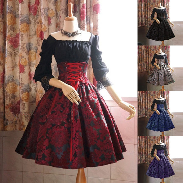 Goth-Lolita Kleid Viktorianisch Mittelalterlich Gothic Vintage Langarm Navy Rot Kleid Halloween Kostüm Für Damen Plus Größe 5XL
