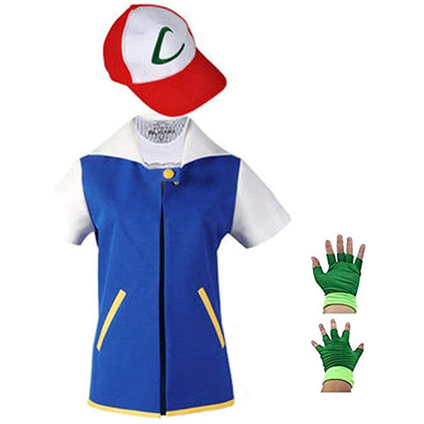 Pokesmoon Ashs Ketchums Cosplay Women and Men Anime Blue Jacket Hat Gloves Sets Kids Adult Ketchum Party Pokemon Halloween Costume