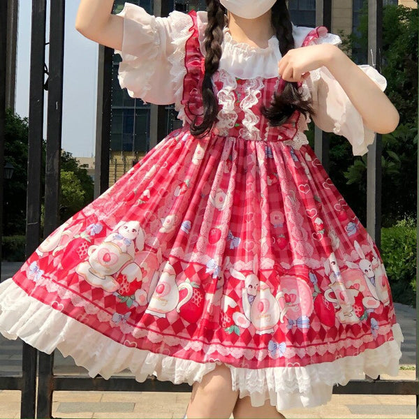 Japanisches Kawaii Lolita Cosplay Weiches Schwesterkleid Süßes Kaninchen Erdbeere Ärmelloses JSK Kleid Rüschen Schleife Prinzessin Tutu Kleid