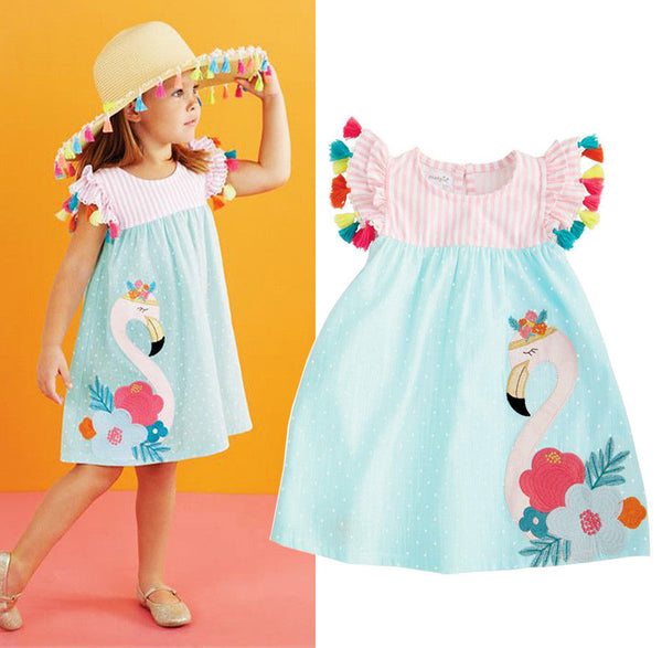 1-6 Years Summer Baby Girl Flamingo Print Striped Baby Girls Dress Kids Animals Casual Dress Toddler Sundres Clothes