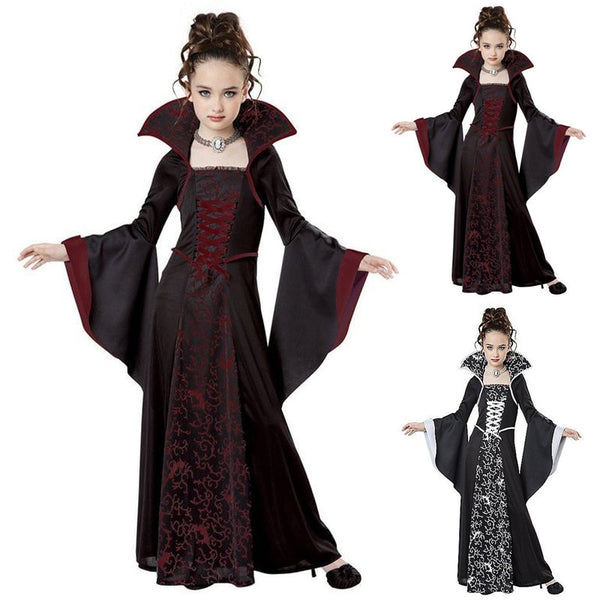 Halloween costume for kids Girls Witch Vampire Cosplay Medieval Vintage Dress Children's Day of The Dead clothing Carnival Party