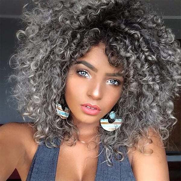 14" Kinky Curly Natural Black Grey Ombre Hair Heat Resistant Synthetic Wig With Bangs Mixed Brown and Blonde Wig for Black Women