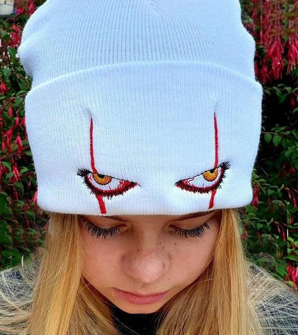 Embroidered Woolen Beanies Hat Scary Clown Eyes Knitted Hat Warm Hedging Hip-hop Hat Woolen Halloween Hat Beanies