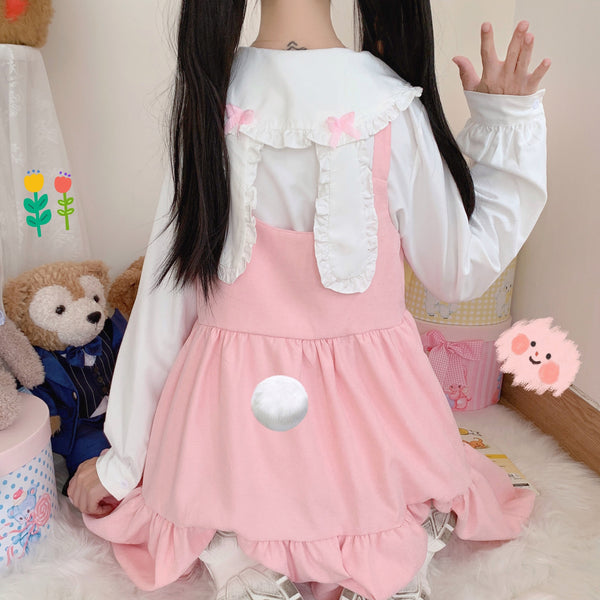 Japan Autumn Kawaii Lolita Two-piece Suit Cosplay Loli Bow Rabbit Ears Shirt Sweet Soft Girl Sleeveless Ruffles Suspender Dress