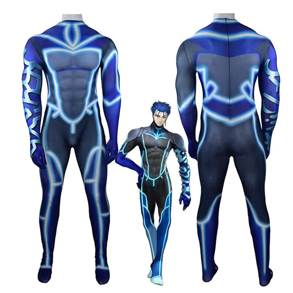 Japan Anime Fate and Stay a Night Lancerer Cu Chulainninn Jumpsuit Cosplay Costume Adults Unisex Fullbody Zentai Lycra Blue Tight Bodysuit