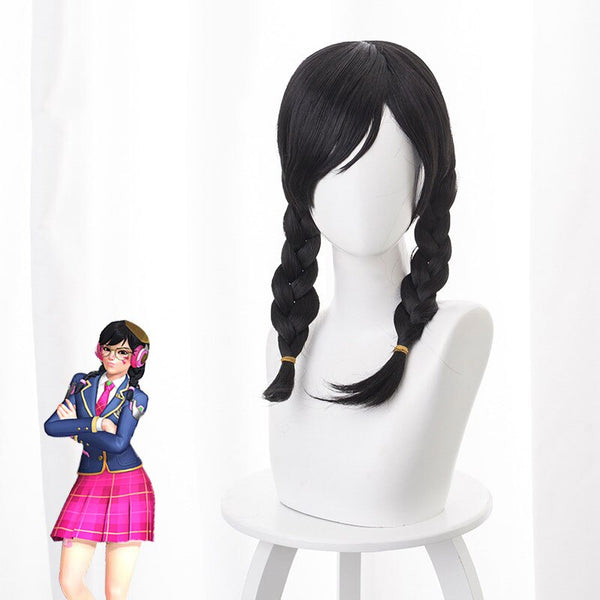 Overwatches Anniversary D.Vava Youth Campusus Skin Twistst Braid Cos Wig Anime Cosplay Game Black Long Female Hair Kawaii Wig 45CM Women