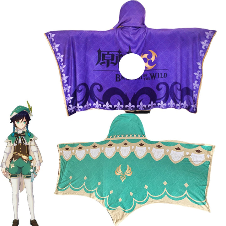 A collection of two anime-themed cosplay cloaks featuring characters from the games Genshin Impact and Keqing, with a common pattern and color scheme.