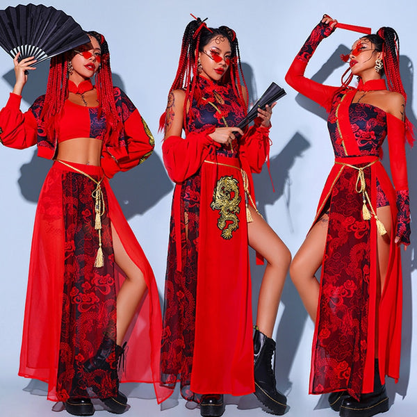 Jazz-Performance-Kleidung im chinesischen Stil für Frauen Rote Festival-Outfits Hip-Hop-Kleidung für Erwachsene Gogo-Tanzbühnenkostüme DQS6259