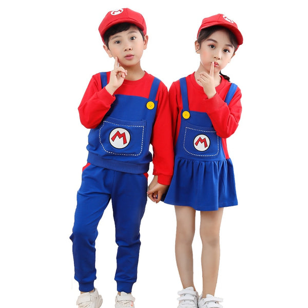 2021 New Year Christmas Clothes Super Marios Children's Bib Dress Luigi Cosplay Costume Anime Family Set Boys Girls Kids Gifts