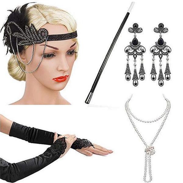 Damen Cosplay Stirnbänder Halskette Handschuhe Ohrring Set Flapper Kostüm 1920er Jahre Tolles GATSBY Halloween Zubehör