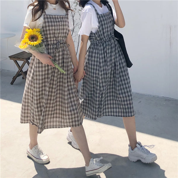 2021 Sommer-Spaghetti-Träger-kariertes Kleid mit hoher Taille ärmelloses langes Frauenkleid beiläufige lose Kawaii-Kleider Lolita-Sommerkleid