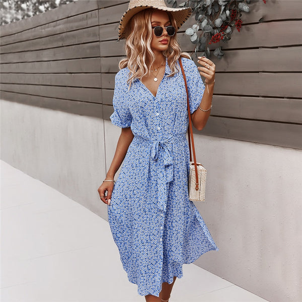 Spring New Bandage Dress Women Casual Short Sleeve Button Floral Print Dress For Woman Summer Holiday Style Dress