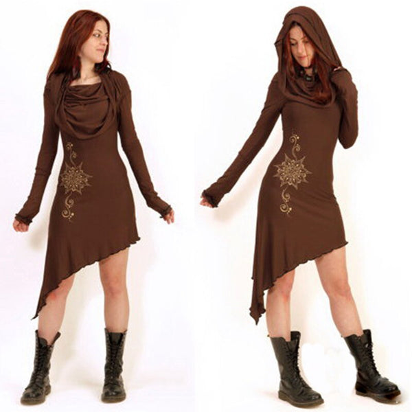 Halloween Forest Cosplay Elf Fairy Elven Costume For Adult Women Vintage Gothic Slim Hooded Print Mini Dress Plus Size S-5XL