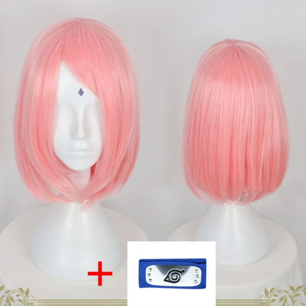 Anime Haruno Sakura kurzes rosa gestyltes Haar mit Stirnband hitzebeständige Cosplay-Perücken + Perückenkappe
