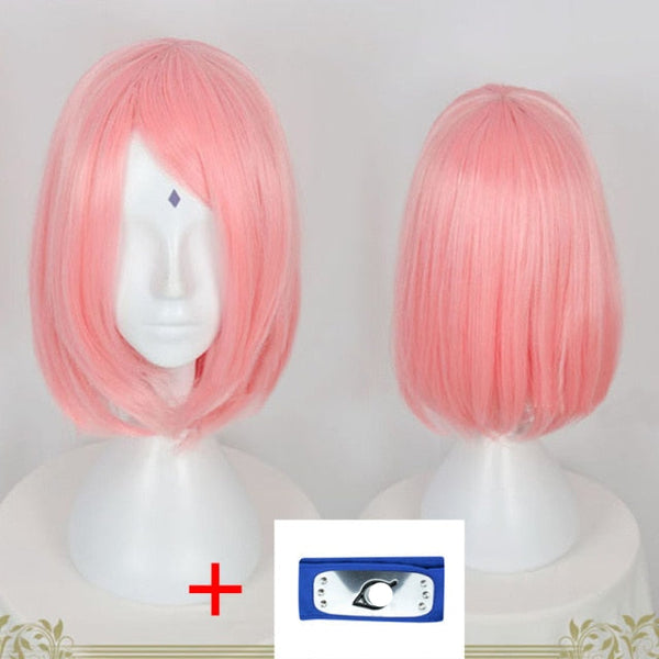 Anime Harunono a Sakura Short Pink Styled Hair With Headband Heat Resistant Cosplay Wigs + Wig Cap
