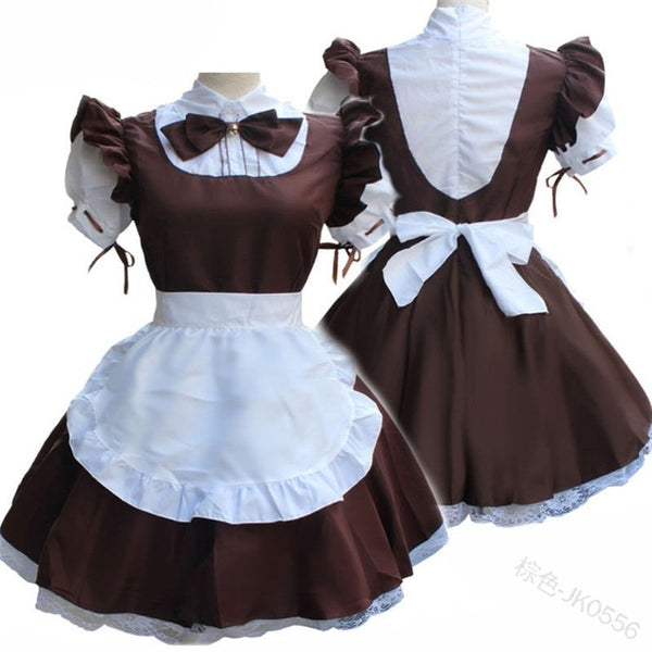 Niedliches Dienstmädchen Cosplay Kostüm Lolita Kleid mit kurzen Ärmeln Farbblock Kellnerin Latzkleid Outfit Halloween Outfit für Mädchen in Übergröße