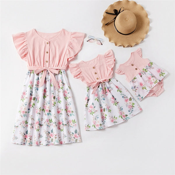 Summer Family Matching Outfits Floral Dresses Cotton Fashion Clothes Dresses Rompers Family Look Clothing