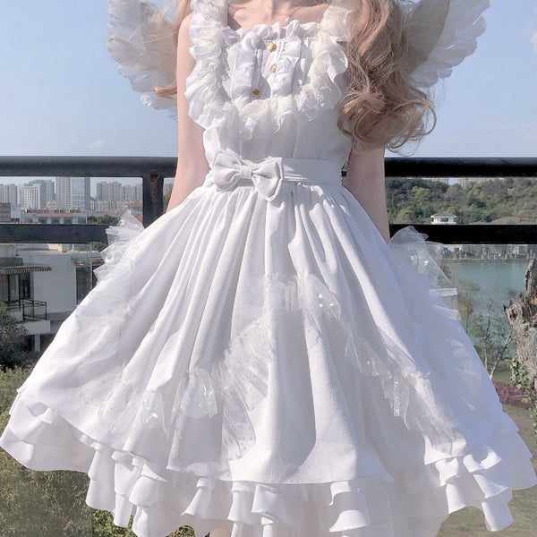 Japanische süße weiße Engel Jsk Märchen Lolita Kleid Vintage Kawaii Mädchen Gothic Spitze Brautkleid Cosplay Prinzessin Kleider