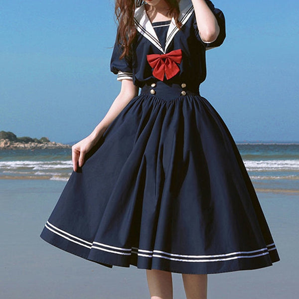 Harajukuku Sailors Collar Navy Dress Japanese Lolita Sweet Bow-knot Girl Retro Cotton Kawaii Preppy Style Short Sleeve Dress Women