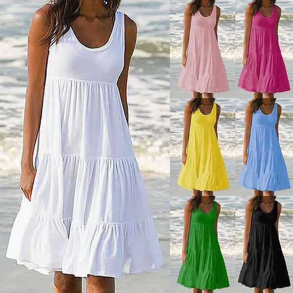 Sleeveless Party Beach Dress For Women Solid Color O-Neck Summer Dress Ladies Loose Boho Dresses Roupa Feminina