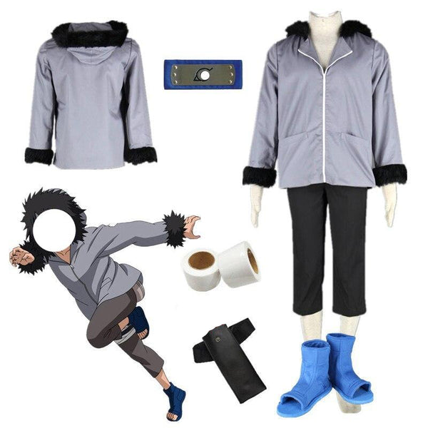 Anime cosplay costume set including a hooded jacket with faux fur lining, a top, pants, a belt, and boots, displayed on a mannequin with additional accessories like a cell phone and a towel.
