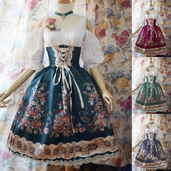 Retro Dresses Lolita Printed High Waist Long Sleeve Lace Victorian Gothic Women medieval Costume Plus Size 3XL 4XL 5XL