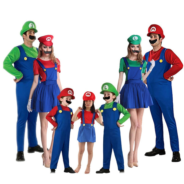 Super Marios Kleidung Erwachsene und Kinder Marios Family Bros Cosplay Kostüm Set Kinder Geschenk Halloween Party MARIOS &amp; LUIGI Kleidung