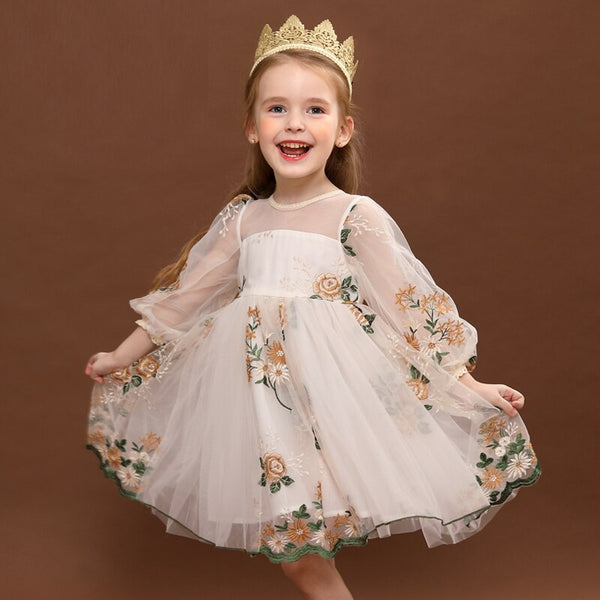 Spring & Autumn Princess Dresses for Girls Clothes Long Sleeve Embroidery Flower Birthday Party Costume Cute Kids Family Outfits