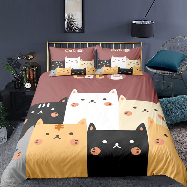 Cartoon-Katze-Bettbezug-Set, Cartoon-Tierdruck-Bettwäsche-Set mit Kissenbezug, 2/3-teiliger Bettdeckenbezug für Schlafzimmerdekoration