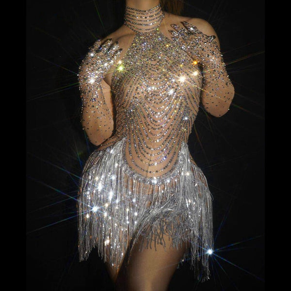 Shining Rhinestone Tassel Dance Costume Sexy Women Elastic Mesh Net Perspective Crystal Dress Singer Dancer Stage Wear Outfit