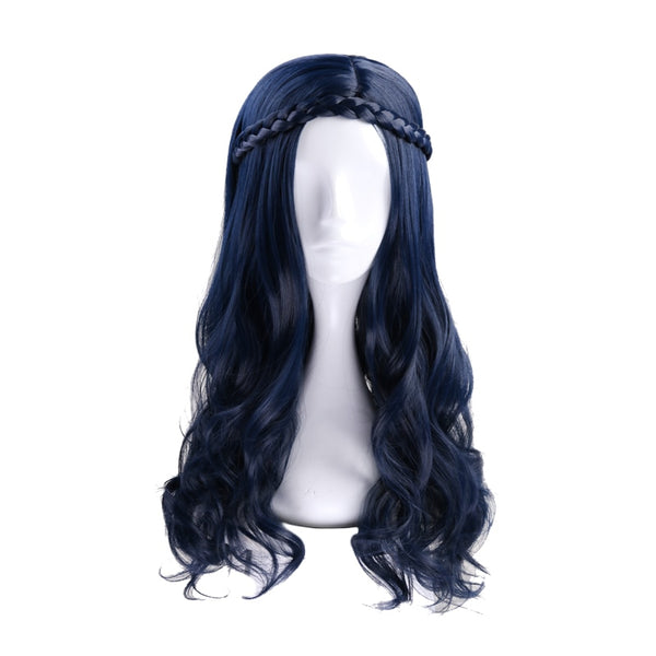 Descendants 2 Evie Dark Blue Long Wavy Curly Wig With Braid Cosplay Costume Heat Resistant Synthetic Hair Women Cosplay Wigs
