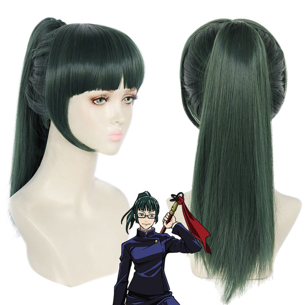 Makiki Zeninin Dark Green Ponytail Wig Cosplay Costume Heat Resistant Synthetic Hair Jujutsusu cos Kaisenen Women Party Wigs