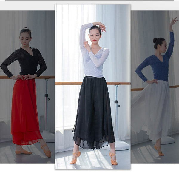 Women Thin High Waist Elastic Dance Pants Double Chiffon Soild Color Wide Leg Pants Modern Dancing Training Costume