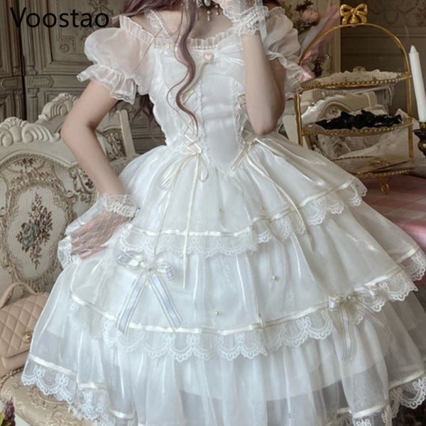 Sweet Lolita Princess Dress Damen Cute White Bowknot Lace Rüschen Blumen Brautkleider Girly Kawaii Tüll Party Fairy Dress