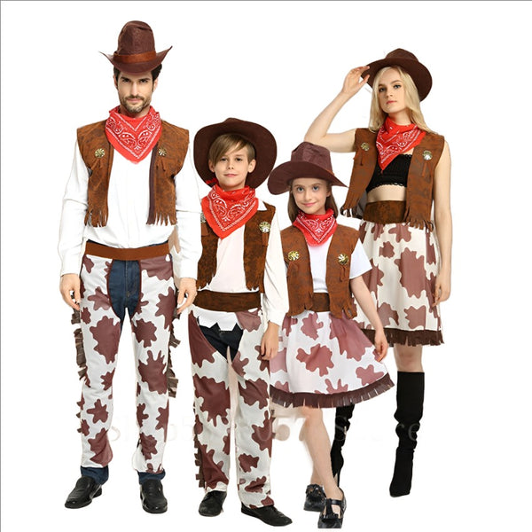 Adult Kids Cowboy Cosplay Costume Halloween Party Carnival Clothing Set Wild Western Fancy Cowgirl Performance Family Clothes