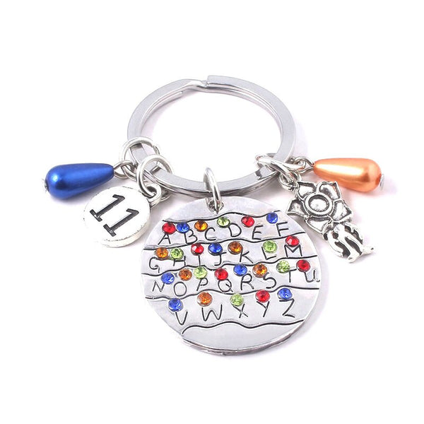 Stranger Things Crystal Keychain Colorful Crystal Alphabet Round Cake Pendant Key Ring Woman Man Car Purses Accessories Gift
