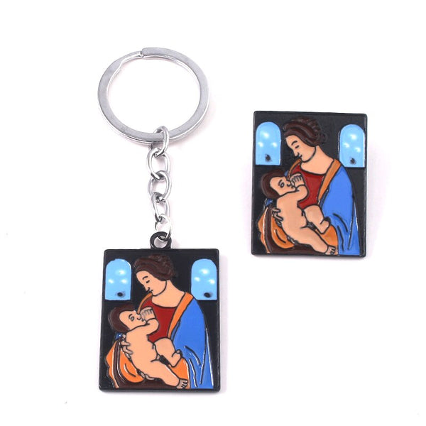 Portrait of Da Vinci Keychain Nursing Mother Classical Portrait Brooch Key Ring Purses Jewelry Accessories Mother's Day Gift