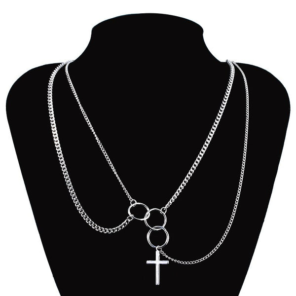 Ins Trend Multi-Layer Ring Cross Necklace Punk Gothic Stacking Pendant Fried Street Hip Hop Personality Sweater Chain