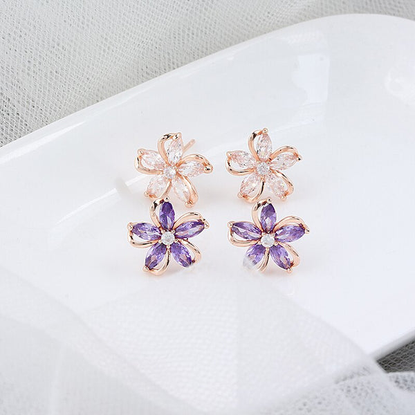 Fashion Purple Crystal Fower Earrings Female Mini Cute Fresh Baroque Earrings Sweet Girl Jewelry Gift